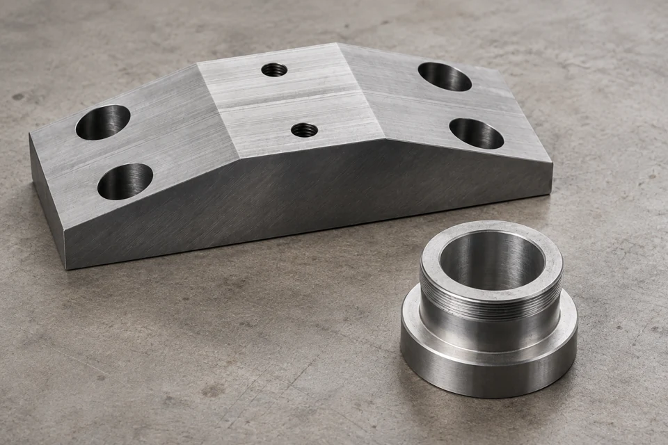 Milled block and a turned ring on a matte surface