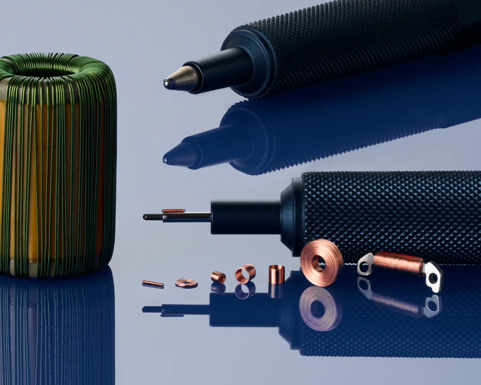 Microcoils and small components beside pen tips