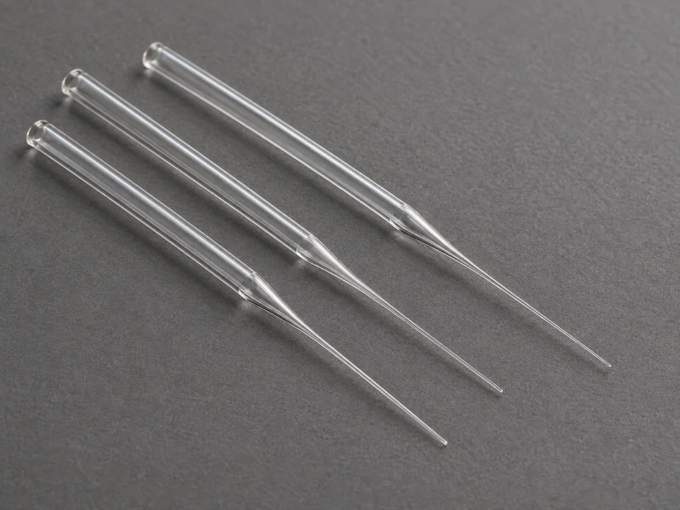 Three transparent glass micropipettes with long, fine tapered tips